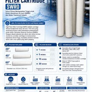 High Flow Filter Cartridge BWRO SWRO Power Plant diameter 6 inch untuk pretreatment dan prefiltrasi RO pada sistem desalinasi air laut. Flow hingga 1.900 LPM, pilihan 20”, 40”, 60”, berbahan polypropylene terbaik untuk industri WTP di Indonesia