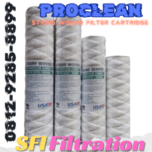 ProClean PP Yarn String Wound Filter Cartridge adalah kartrid filter yang terbuat dari benang polipropilena (PP) yang dililit secara spiral di sekitar inti (core), membentuk lapisan penyaringan bertingkat (depth filter). Desain ini memberikan efisiensi tinggi dalam menangkap kontaminan berukuran mikron dari luar ke dalam.